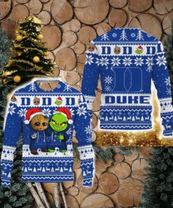 Duke Blue Devils Baby Groot And Grinch Best Friends Football American New 3D Sweater Gift Ugly Christmas