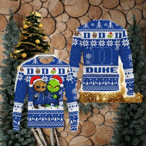 Duke Blue Devils Baby Groot And Grinch Best Friends Football American New 3D Sweater Gift Ugly Christmas