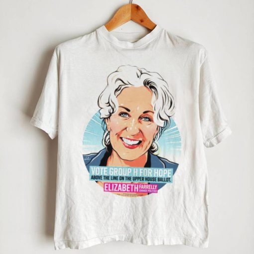 Elizabeth Farrelly vote group h for hope about the line on the upper art shirt