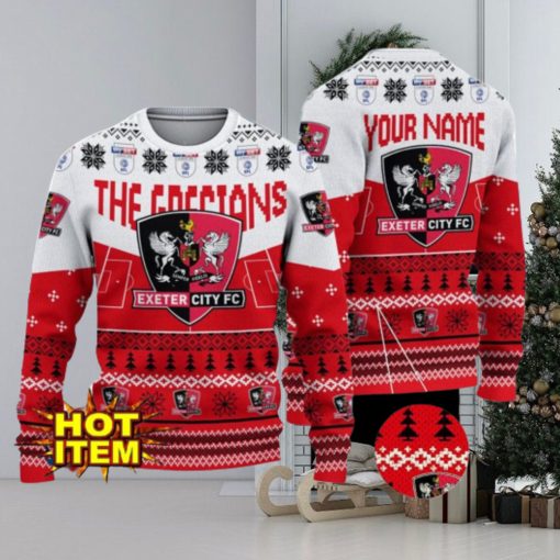 Exeter City FC Big Logo Custom Name 3D Ugly Christmas Sweater Christmas Gift For Big Fans