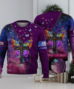 Faith Cross Floral Purple Butterfly Starry Galaxy 3D Full Print Ugly Sweater Christmas Gift Sweater