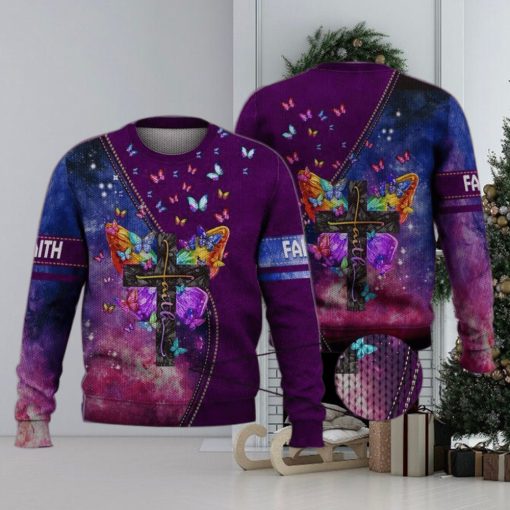 Faith Cross Floral Purple Butterfly Starry Galaxy 3D Full Print Ugly Sweater Christmas Gift Sweater