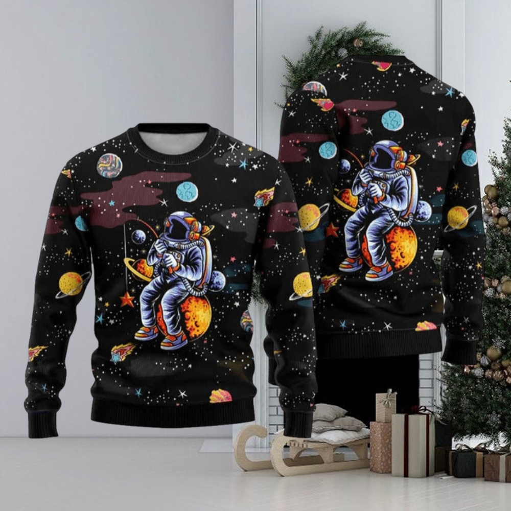 Funny Astronaut Fishing In Space Ugly Christmas Sweater Funny Gift