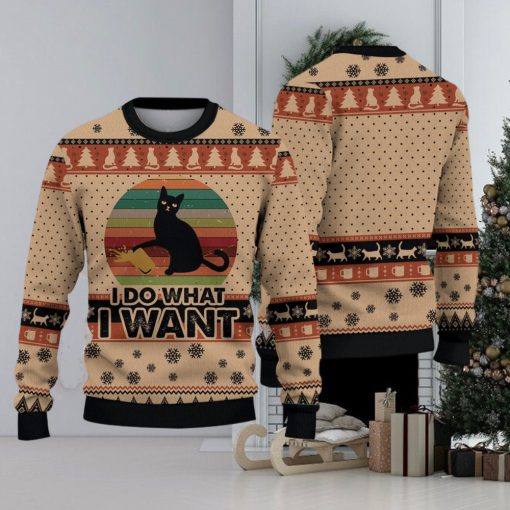 Funny Black Cat I Do What I Want Christmas Gift For Holiday Black Cat What 3D Ugly Christmas Sweater