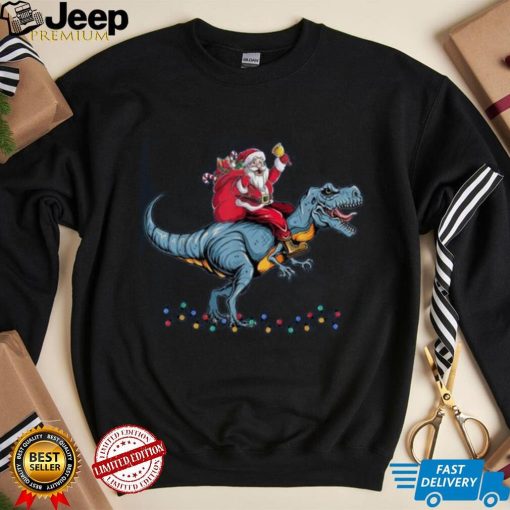 Funny Christmas Boy Santa Riding Dinosaur T Rex Xmas Shirt