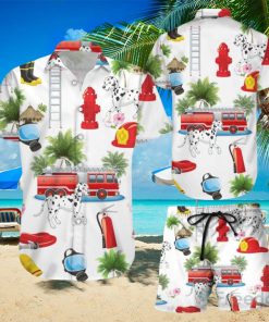 Funny Firefighter Shirts Firefighter With Dog On Vacation White Hawaiian Shirt & Short For Men And Women