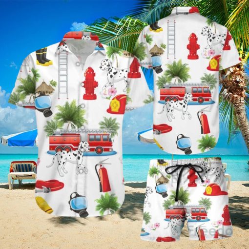 Funny Firefighter Shirts Firefighter With Dog On Vacation White Hawaiian Shirt & Short For Men And Women