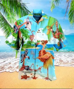 Funny Flamingoes On Beach Tropical Unisex Hawaiian Aloha Shirts