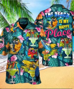 Funny Parrot Drinking Cocktails The Beach Is My Happy Place Palm Leaves Pattern Hawaiian Shirt