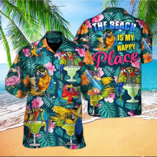 Funny Parrot Drinking Cocktails The Beach Is My Happy Place Palm Leaves Pattern Hawaiian Shirt