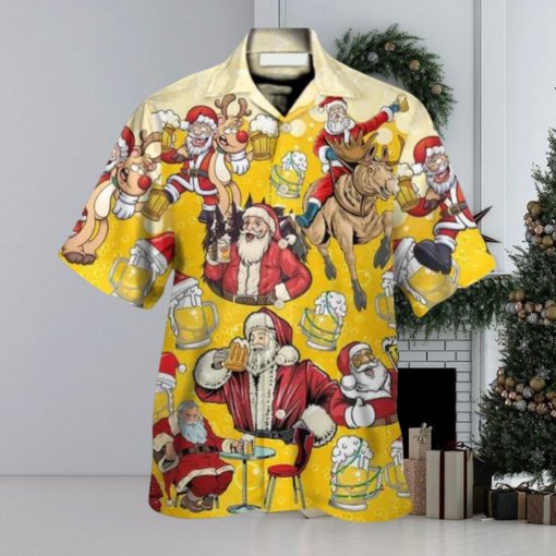 Funny Santa Drink Beer Yellow Theme Hawaiian Shirt
