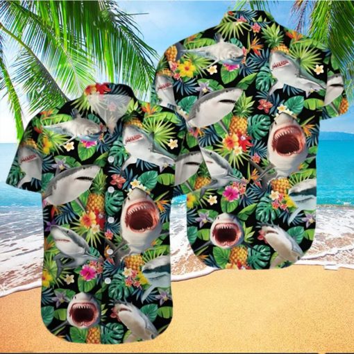 Funny Shark Pineapple Tropical Hawaiian Shirt Sharks Summer Aloha Hawaii Blue