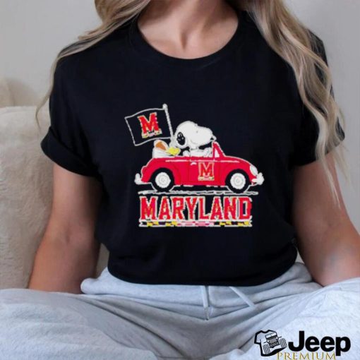 Funny Snoopy and Woodstock riving car Maryland Terrapins shirt