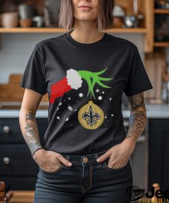 Funny The Grinch Hand Holding Ornament New Orleans Saints Christmas Sweater Shirt