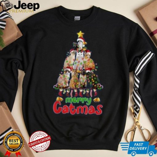 Funny Ugly Sweater Christmas Tree Cat Lights Santa Hat