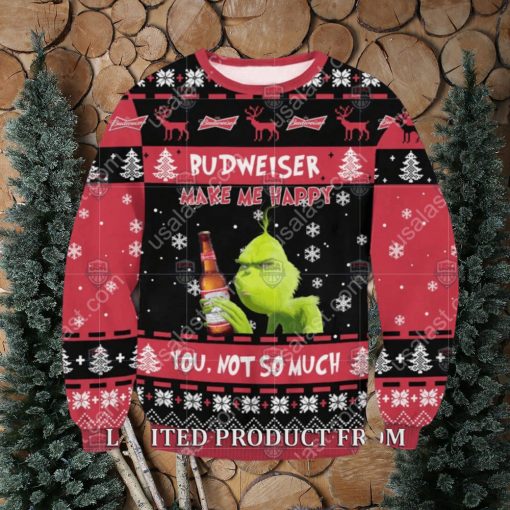 Grinch Budweiser Makes Me Happy You Not So Much Reindeer Ugly Christmas Sweater