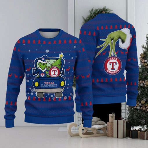 Grinch Driving With Pine Trees Texas Rangers New Ugly Christmas Sweater