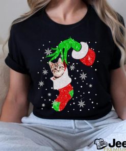 Grinch hand holding cat in sox Christmas shirt