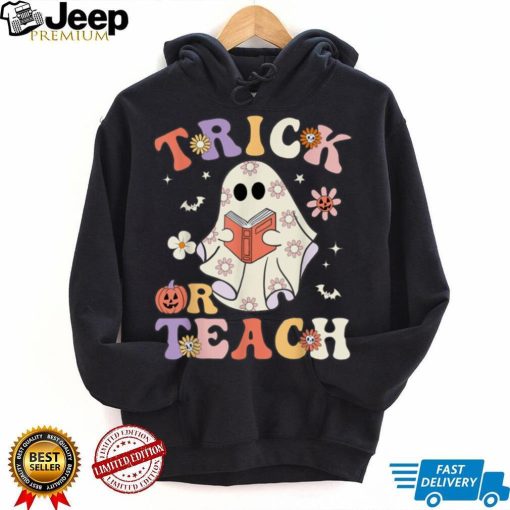 Groovy Halloween Trick or Teach Retro Floral Ghost Teacher T Shirt