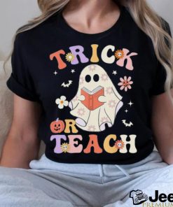 Groovy Teacher Halloween Trick Or Teach Retro Floral Ghost T Shirt