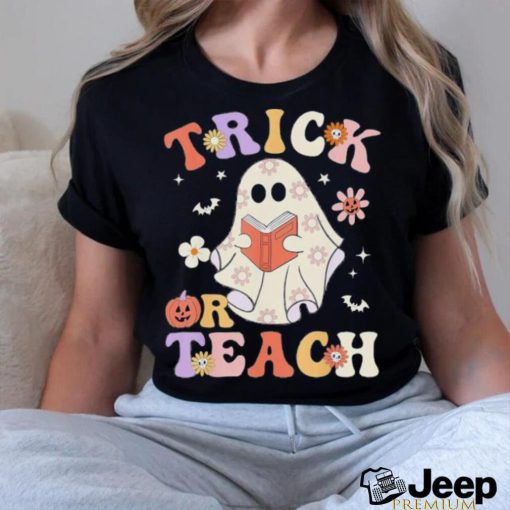 Groovy Teacher Halloween Trick Or Teach Retro Floral Ghost T Shirt