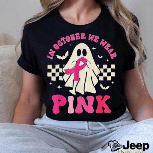 Groovy We Wear Pink Breast Cancer Awareness Ghost Halloween T Shirt