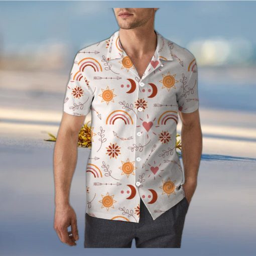 Hand Drawn Rainbow Sun Moon and Arrow Boho Unisex 3D Hawaiian Shirt Bright Gift For Men And Women Holiday
