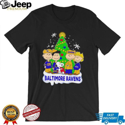 Happy Merry Christmas Peanuts Christmas tree Baltimore Ravens football logo gift shirt