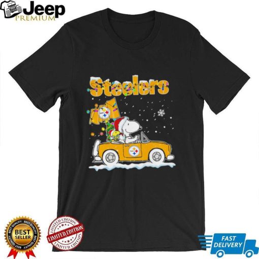 Happy Merry Christmas Snoopy drive a car Pittsburgh Steelers logo flag gift shirt