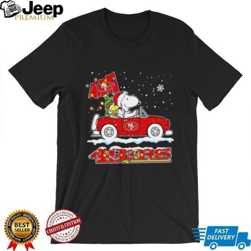 Happy Merry Christmas Snoopy drive a car San Francisco 49ers logo flag gift shirt