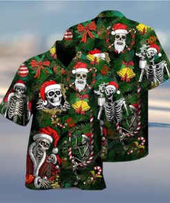 Happy Skull Christmas Print Aloha Shirt, Santa Hawaiian Style