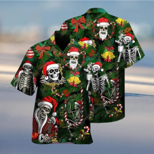 Happy Skull Christmas Print Aloha Shirt, Santa Hawaiian Style