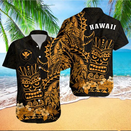 Hawaii Polynesian Hawaiian Shirt Gold Tiki Masks Hawaiian