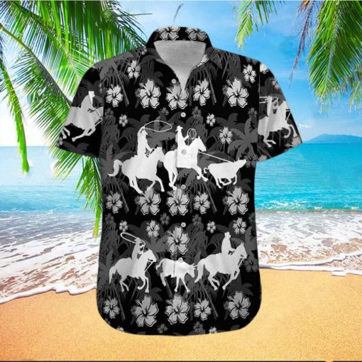 Hawaiian Aloha Shirts Team Roping Black And White Hibiscus hawaiian shirt