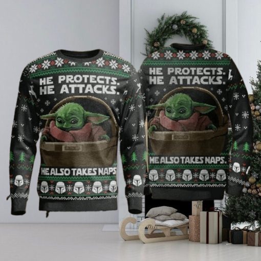 He Protects He Also Take Naps Yoda Christmas Christmas Ugly Sweater Party