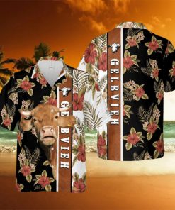 Hibiscus Flowers Gelbvieh Cattle Brown All Over Printed 3D Hawaiian Shirt For Men Women