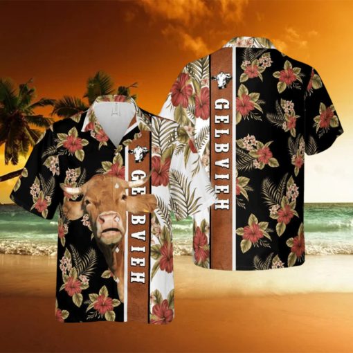 Hibiscus Flowers Gelbvieh Cattle Brown All Over Printed 3D Hawaiian Shirt For Men Women