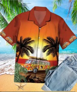 Hippie Bus Under Sunset Palm Tree Beach Themed Pattern Hawaiian Shirt