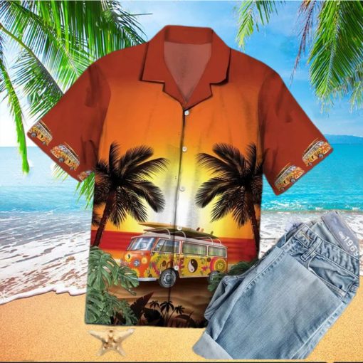 Hippie Bus Under Sunset Palm Tree Beach Themed Pattern Hawaiian Shirt