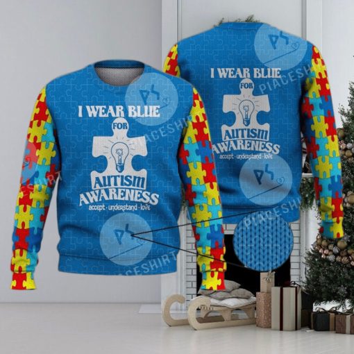 I Wear Blue For Autism Awareness 3D Full Print Ugly Sweater Christmas Gift Sweater