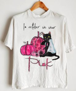 In October We Wear Pink Breast Cancer Awareness Black Cat T Shirt