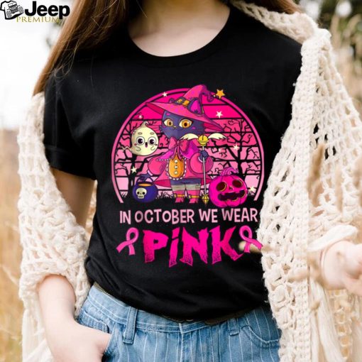 In October We Wear Pink Witch Cat Breast Cancer Awareness T Shirt