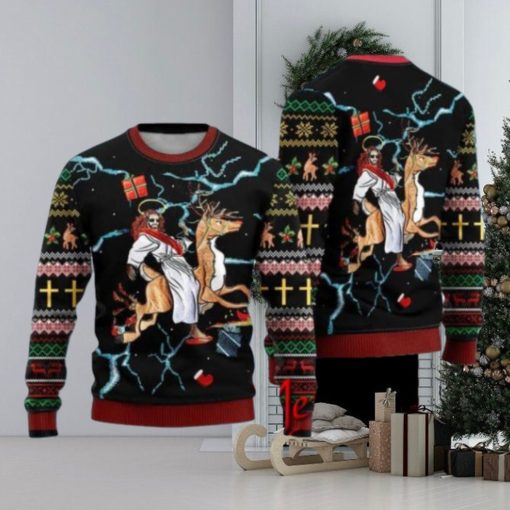Jesus Riding Reindeer Black Ugly Christmas Sweater Gift Knitting Sweater