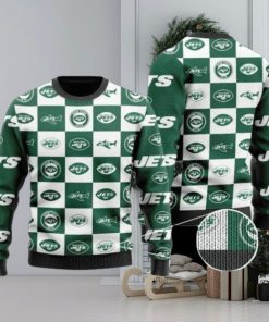 Jets Logo Checkered Flannel Design Knitted Ugly Christmas Sweater