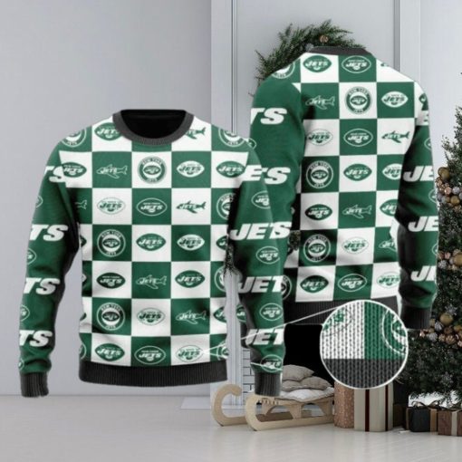 Jets Logo Checkered Flannel Design Knitted Ugly Christmas Sweater