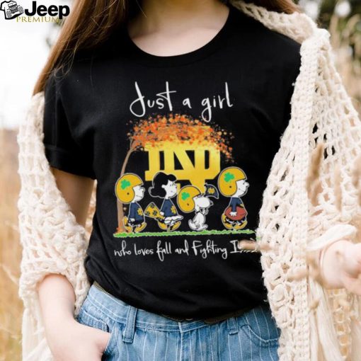 Just A Girl Who Loves Fall And Peanuts Snoopy Notre Dame Fighting Irish Shirt