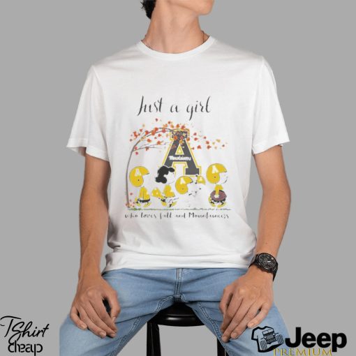 Just A Woman Who Loves Fall And Appalachian State Mountaineers Peanuts Cartoon T Shirt