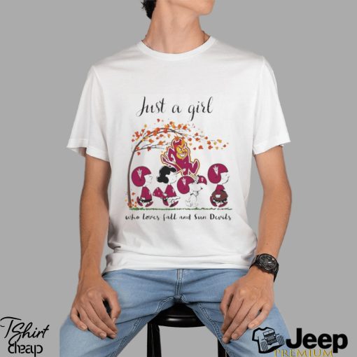 Just A Woman Who Loves Fall And Arizona State Sun Devils Peanuts Cartoon T Shirt