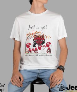 Just A Woman Who Loves Fall And Arkansas State Red Wolves Peanuts Cartoon T Shirt