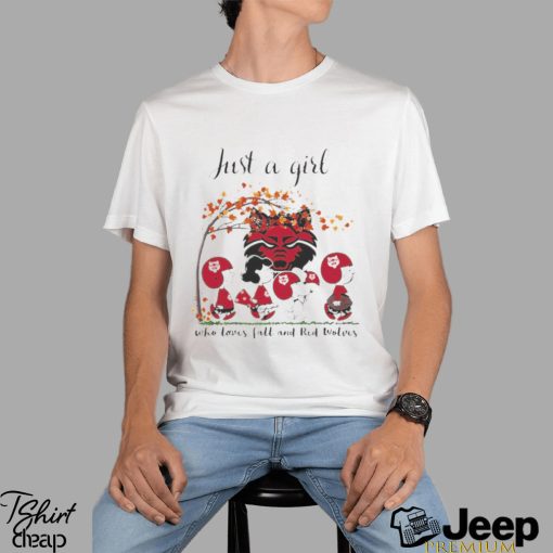 Just A Woman Who Loves Fall And Arkansas State Red Wolves Peanuts Cartoon T Shirt